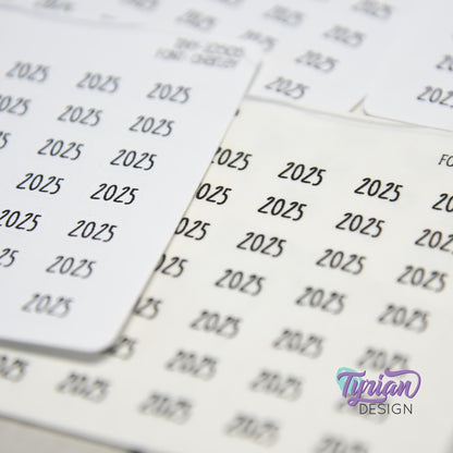 Tiny 2025 Stickers | 42 Stickers | .37 x .27" each sticker | Font: Charley