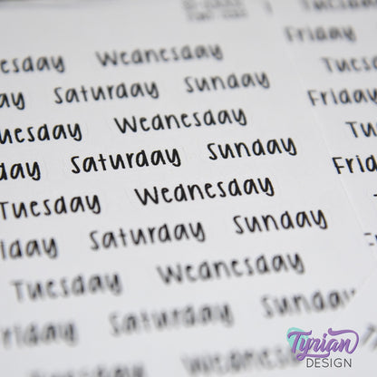 Days of the Week Stickers | 35 Stickers | 1" (Max) x .31" Each | Cole Font
