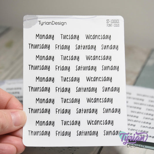 Days of the Week Stickers | 35 Stickers | 1" (Max) x .31" Each | Cole Font