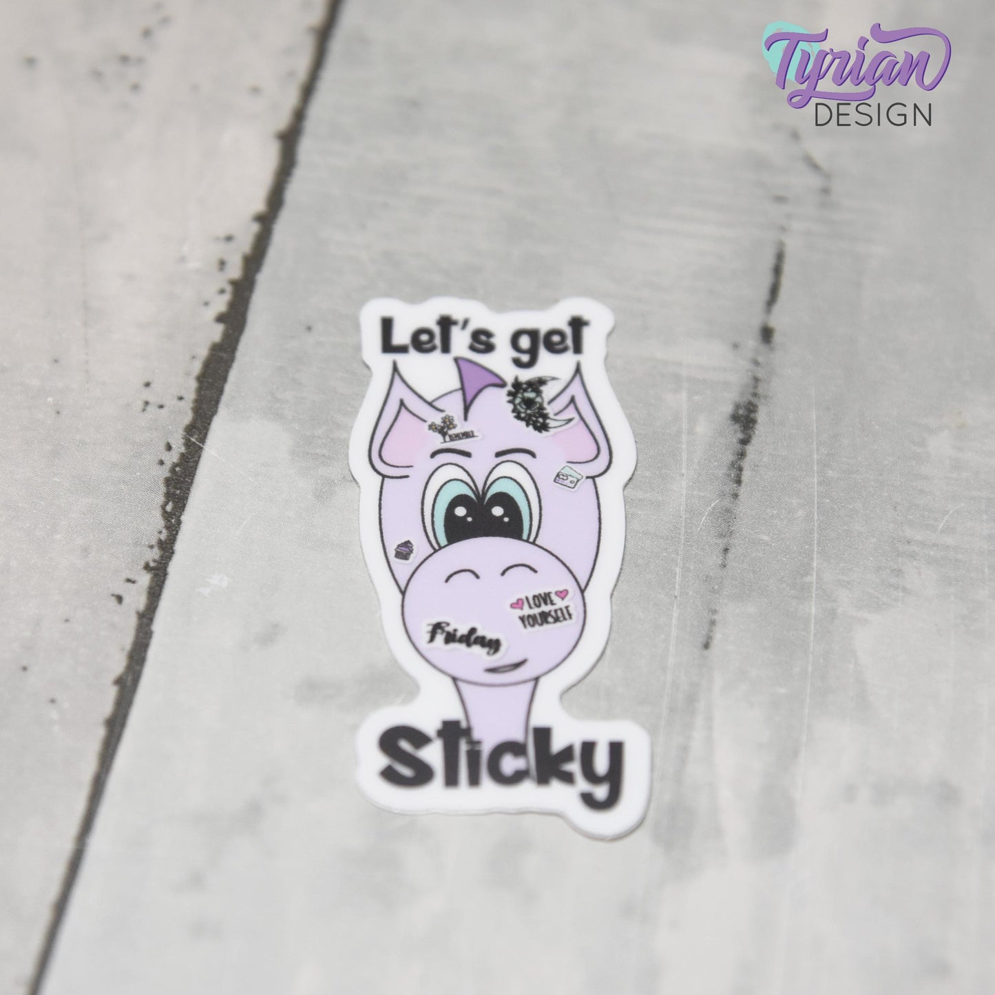 Let's Get Sticky Vinyl Sticker | Dragon Sticker | I love Stickers |1 x 2 Inches | High quality weather proof vinyl | Purple Dragon