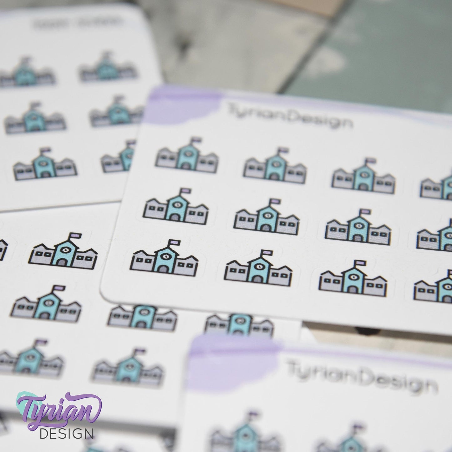 School Stickers | Tiny School |  Mini Sheet | 18 stickers | .48 x .43" each | School Building icon sticker | White or Clear Matte