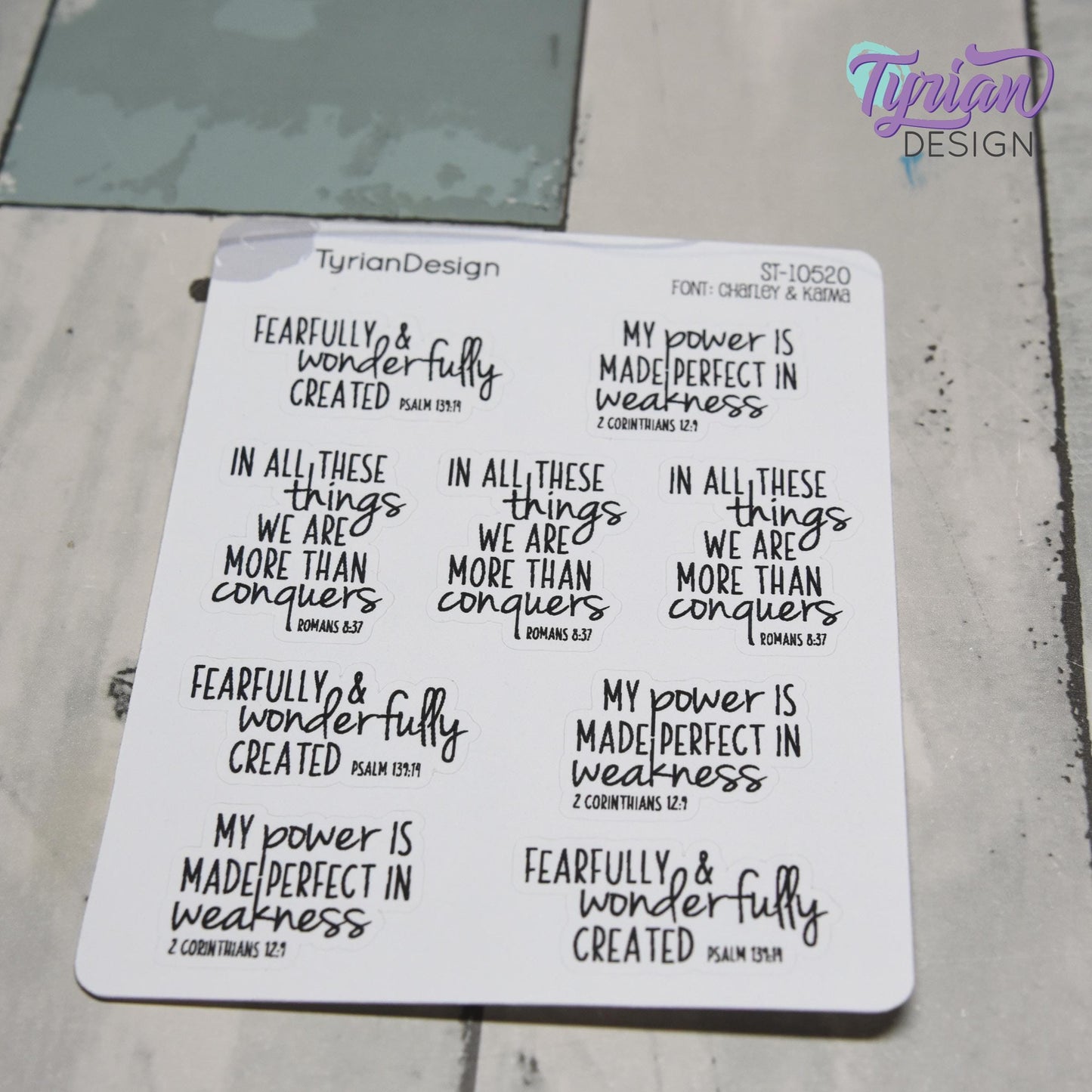 Bible Verses Stickers | Bible Quotes Stickers | 9 Stickers | 3.5 x 4.5" Sheet | White or Clear Matte | Charley & Karma Font