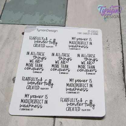 Bible Verses Stickers | Bible Quotes Stickers | 9 Stickers | 3.5 x 4.5" Sheet | White or Clear Matte | Charley & Karma Font