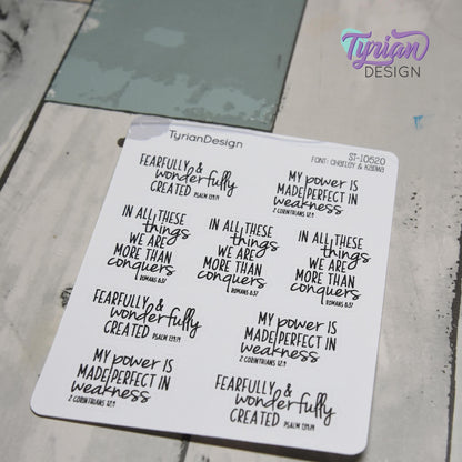 Bible Verses Stickers | Bible Quotes Stickers | 9 Stickers | 3.5 x 4.5" Sheet | White or Clear Matte | Charley & Karma Font