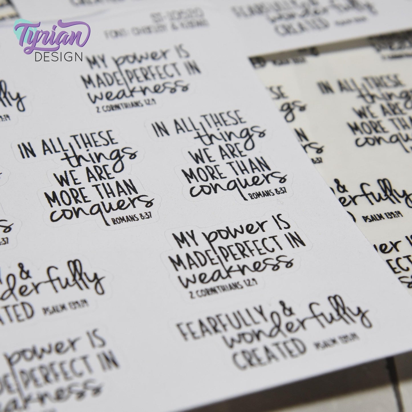 Bible Verses Stickers | Bible Quotes Stickers | 9 Stickers | 3.5 x 4.5" Sheet | White or Clear Matte | Charley & Karma Font
