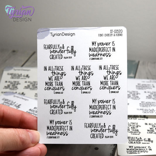 Bible Verses Stickers | Bible Quotes Stickers | 9 Stickers | 3.5 x 4.5" Sheet | White or Clear Matte | Charley & Karma Font