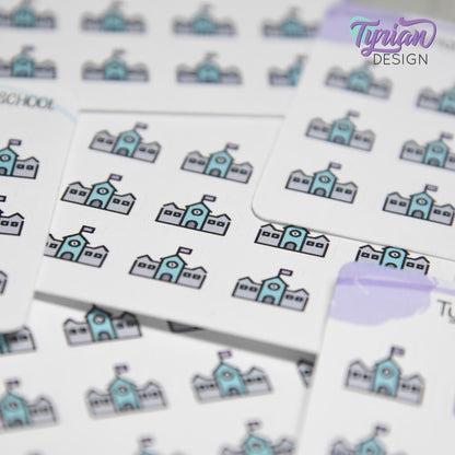 School Stickers | Tiny School |  Mini Sheet | 18 stickers | .48 x .43" each | School Building icon sticker | White or Clear Matte