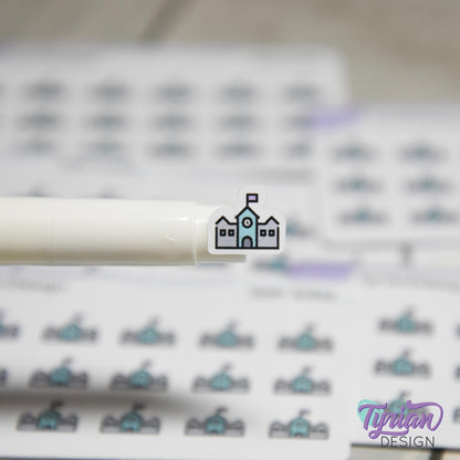 School Stickers | Tiny School |  Mini Sheet | 18 stickers | .48 x .43" each | School Building icon sticker | White or Clear Matte