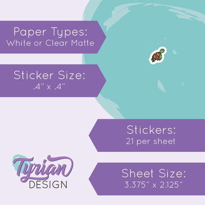 Turtle Stickers | Tiny Sea Turtle stickers | Mini sheet | 21 stickers | .4 x .4" each | Swimming Turtle icon | White or Clear Matte