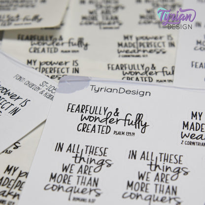 Bible Verses Stickers | Bible Quotes Stickers | 9 Stickers | 3.5 x 4.5" Sheet | White or Clear Matte | Charley & Karma Font