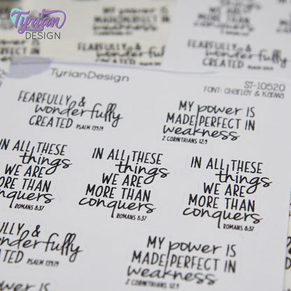 Bible Verses Stickers | Bible Quotes Stickers | 9 Stickers | 3.5 x 4.5" Sheet | White or Clear Matte | Charley & Karma Font