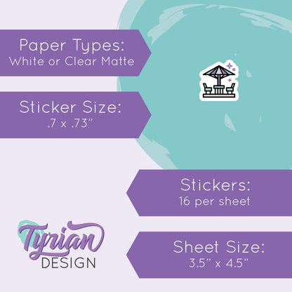 Outdoor Time Stickers | Deck Furniture Stickers | 16 Stickers  | .7" x .73" each | 3.5 x 4.5" Sheet | White or Clear Matte