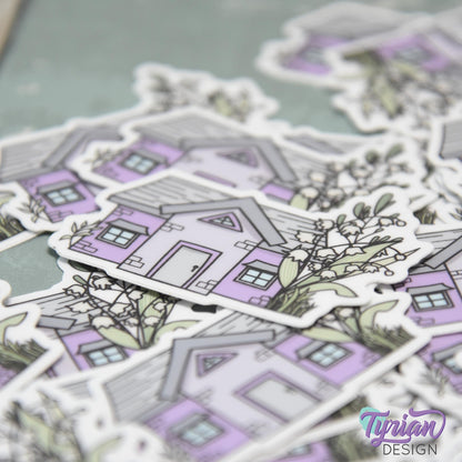 Lily of the Valley House Vinyl Sticker | Waterproof & Weatherproof | 2" x 1.5" | Durable Die-Cut Sticker for Journals, Tumblers and More