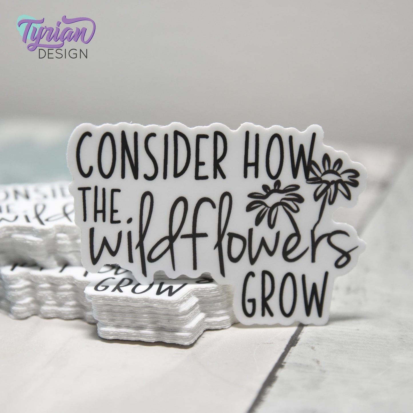 Consider How the Wildflowers Grow Vinyl Sticker | Bible Sticker | Wildflower Sticker | High quality weather proof vinyl | 2.5x 1.7 in