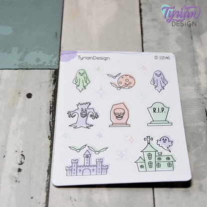 Pastel Halloween Doodles | Spooky Cute Planner & Journal Stickers | 16 Stickers | Haunting | White or Clear Matte | 3.5" x 4.5" Sheet