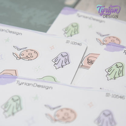 Pastel Halloween Doodles | Spooky Cute Planner & Journal Stickers | 16 Stickers | Haunting | White or Clear Matte | 3.5" x 4.5" Sheet