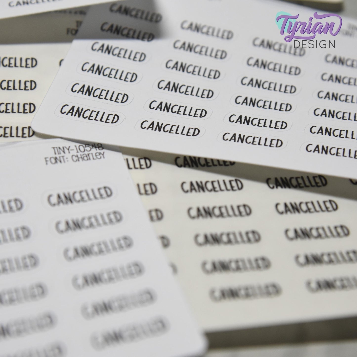 Cancelled Stickers | 24 Stickers | .68 x .28" each | Font: Charley