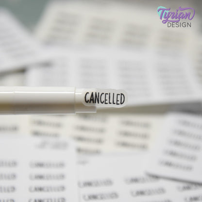 Cancelled Stickers | 24 Stickers | .68 x .28" each | Font: Charley