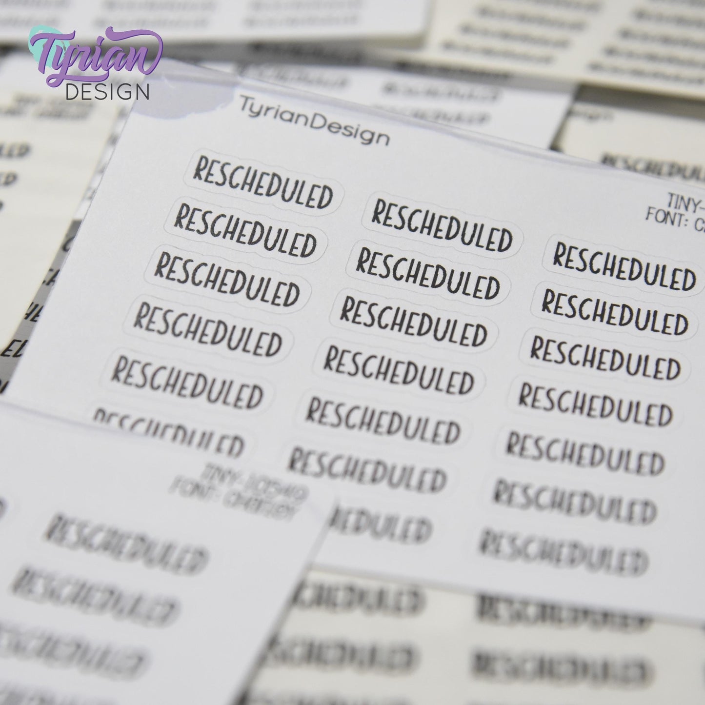Rescheduled Stickers | 21 Stickers | .8 x .28" each | Font: Charley