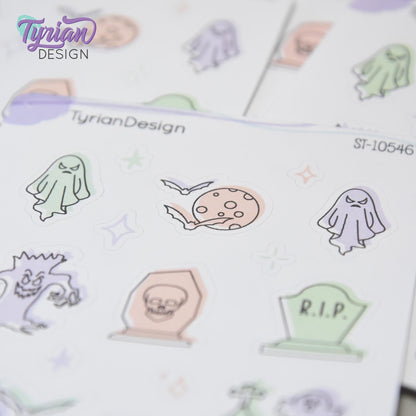 Pastel Halloween Doodles | Spooky Cute Planner & Journal Stickers | 16 Stickers | Haunting | White or Clear Matte | 3.5" x 4.5" Sheet