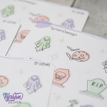 Pastel Halloween Doodles | Spooky Cute Planner & Journal Stickers | 16 Stickers | Haunting | White or Clear Matte | 3.5" x 4.5" Sheet
