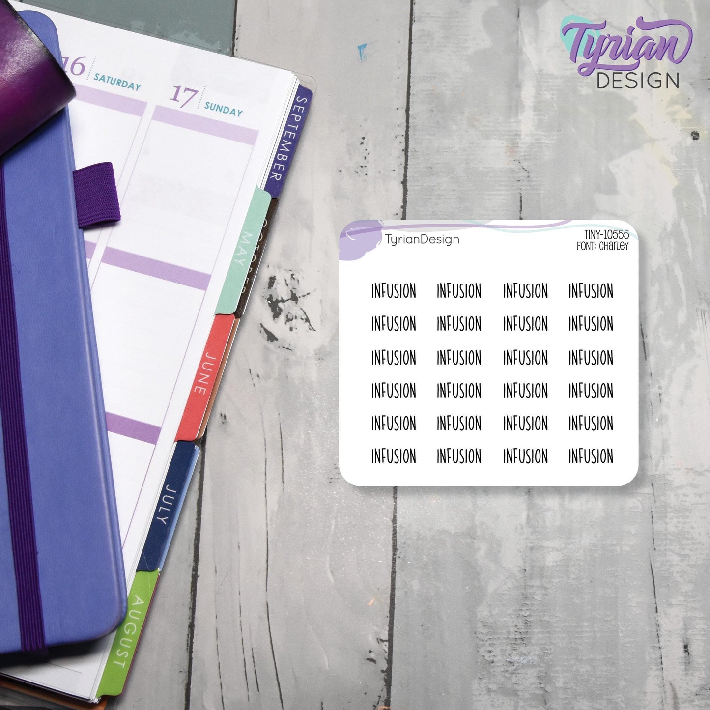 Infusion Stickers | 24 Stickers | .59 x .28" each | Font: Charley