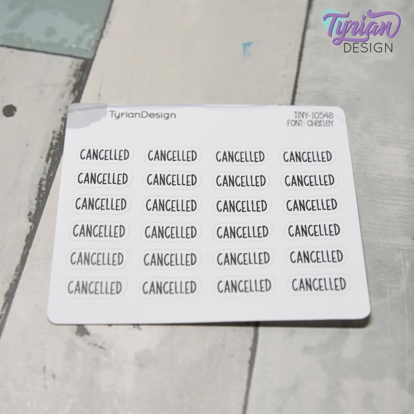 Cancelled Stickers | 24 Stickers | .68 x .28" each | Font: Charley