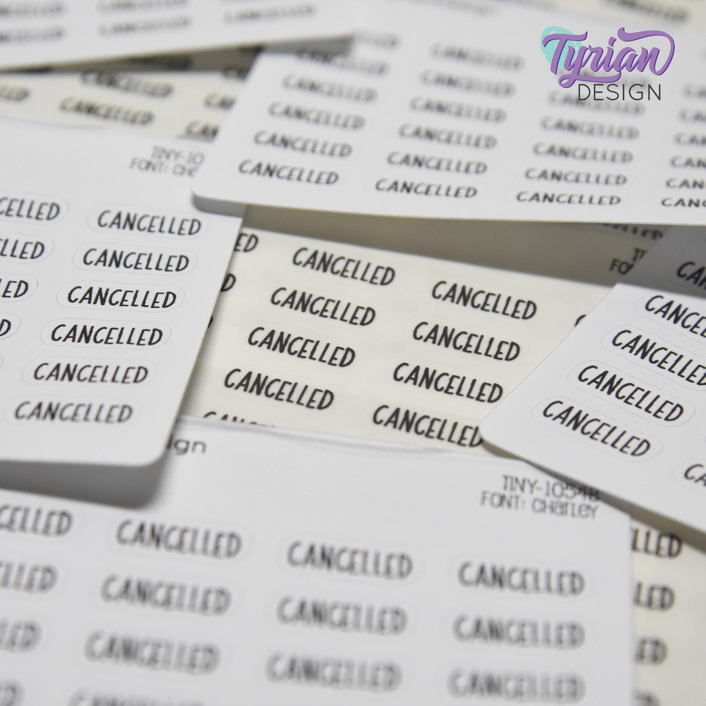 Cancelled Stickers | 24 Stickers | .68 x .28" each | Font: Charley
