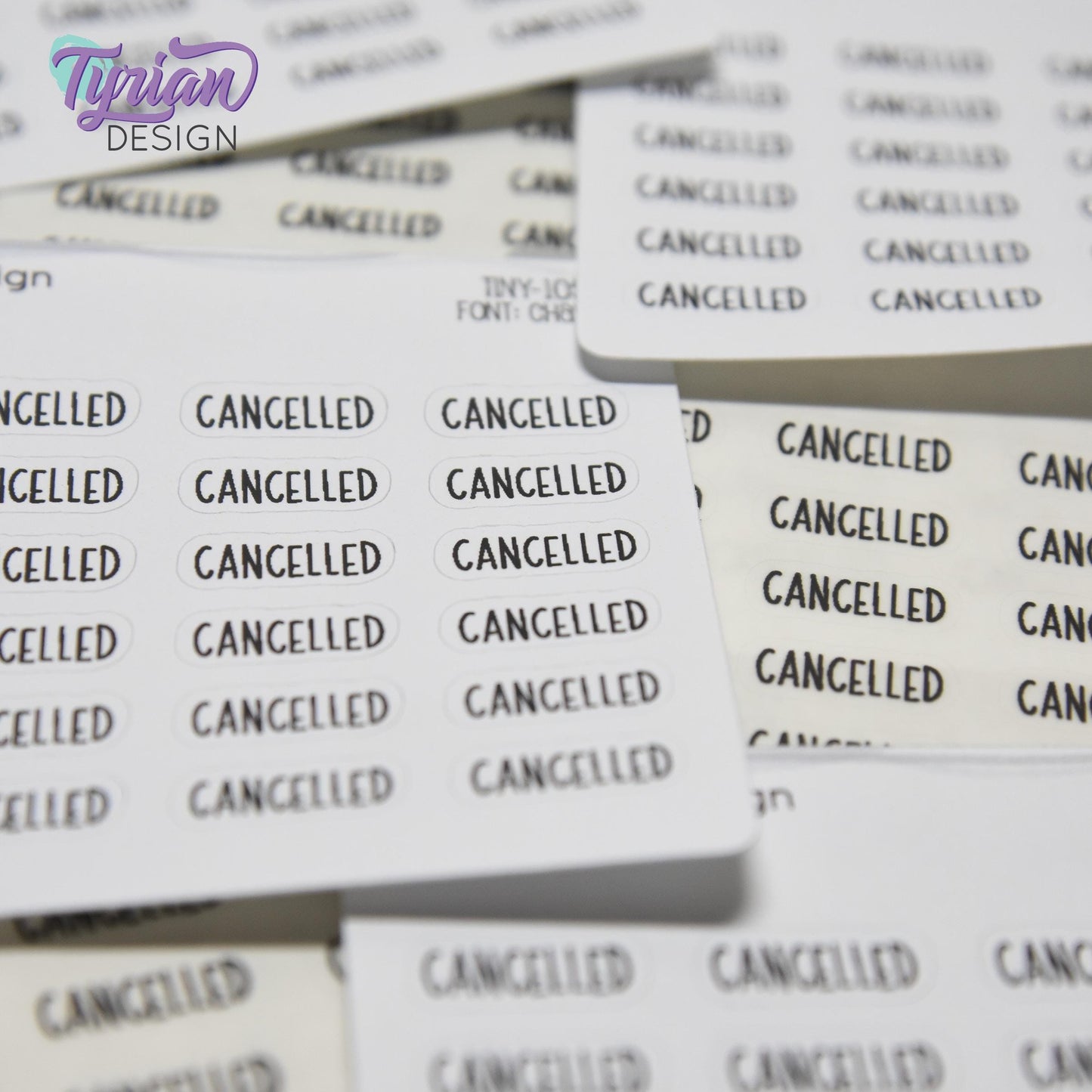 Cancelled Stickers | 24 Stickers | .68 x .28" each | Font: Charley