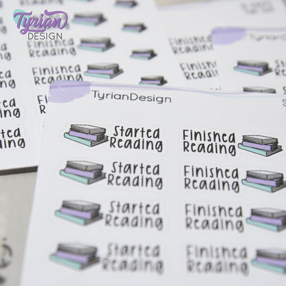 Reading Stickers | Started Reading | Finished Reading | 16 Stickers | 1.27 x .52" | Book Stickers | 3.5 x  4.5" Sheet | White or Clear Matte