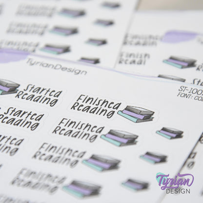 Reading Stickers | Started Reading | Finished Reading | 16 Stickers | 1.27 x .52" | Book Stickers | 3.5 x  4.5" Sheet | White or Clear Matte