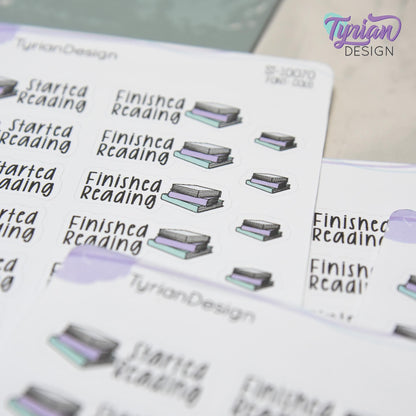 Reading Stickers | Started Reading | Finished Reading | 16 Stickers | 1.27 x .52" | Book Stickers | 3.5 x  4.5" Sheet | White or Clear Matte