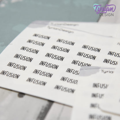 Infusion Stickers | 24 Stickers | .59 x .28" each | Font: Charley
