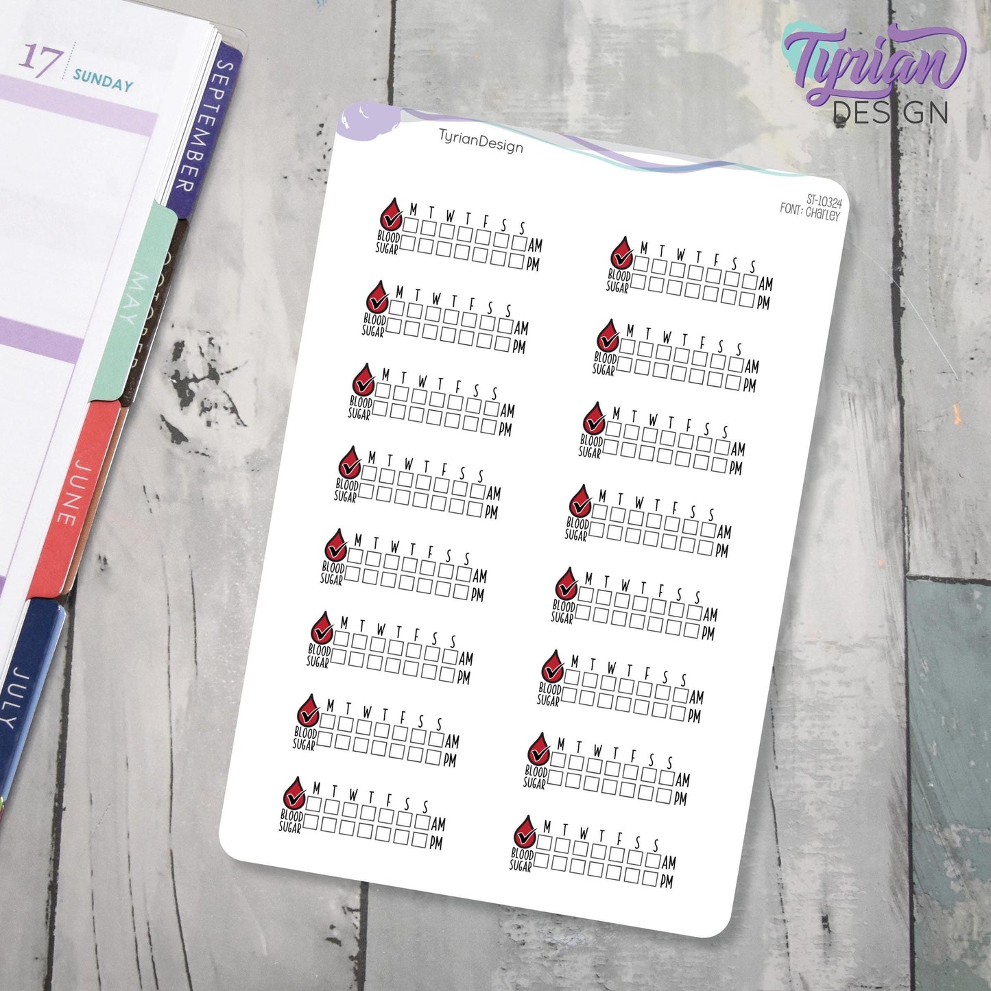 Blood Sugar Weekly AM PM Tracker Sticker | 18 stickers | 5x7 sheet