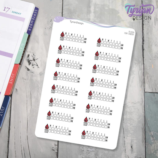 Blood Sugar Weekly AM PM Tracker Sticker | 18 stickers | 5x7 sheet