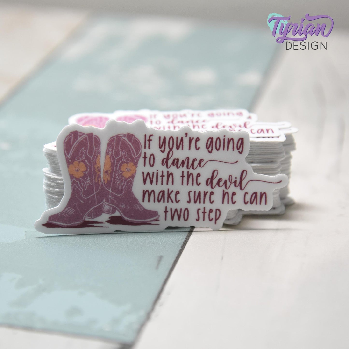 Dance with the Devil Vinyl Sticker | Cowboy Boots Sticker  | Two Step | High quality weather proof vinyl | 2.5x1.2 inches