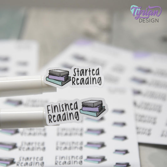 Reading Stickers | Started Reading | Finished Reading | 16 Stickers | 1.27 x .52" | Book Stickers | 3.5 x  4.5" Sheet | White or Clear Matte