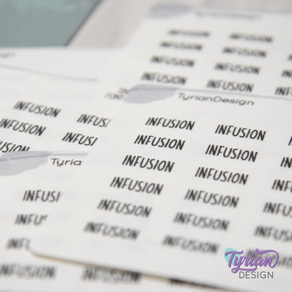 Infusion Stickers | 24 Stickers | .59 x .28" each | Font: Charley