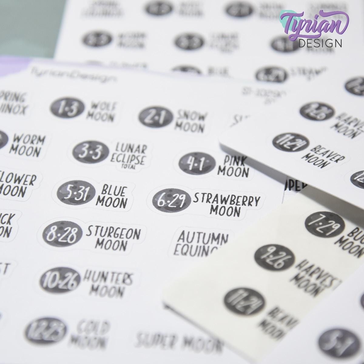 2026 Full Moons & Eclipses Icon Stickers | Full Moon and Eclipse Moons | 19 Stickers per sheet | 3.5 x 4.5" Sheet | White or Clear Matte