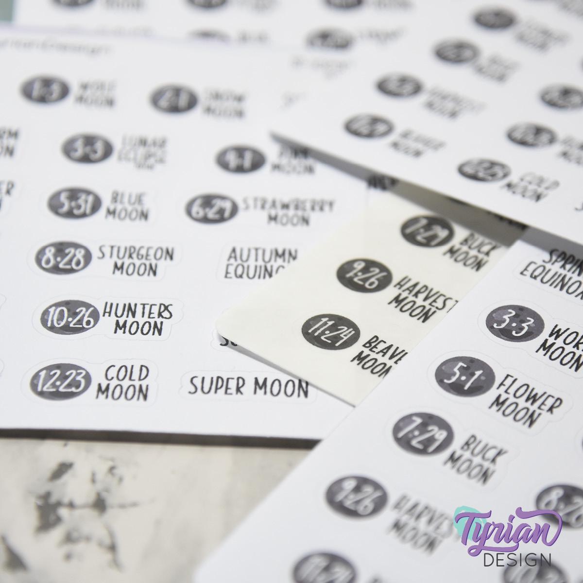 2026 Full Moons & Eclipses Icon Stickers | Full Moon and Eclipse Moons | 19 Stickers per sheet | 3.5 x 4.5" Sheet | White or Clear Matte