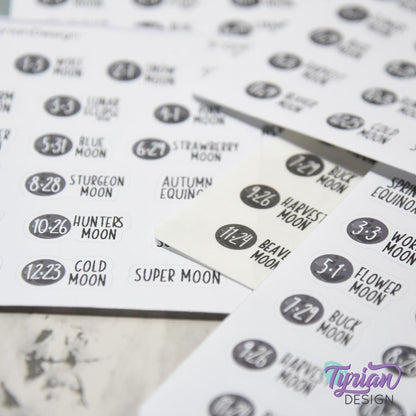 2026 Full Moons & Eclipses Icon Stickers | Full Moon and Eclipse Moons | 19 Stickers per sheet | 3.5 x 4.5" Sheet | White or Clear Matte