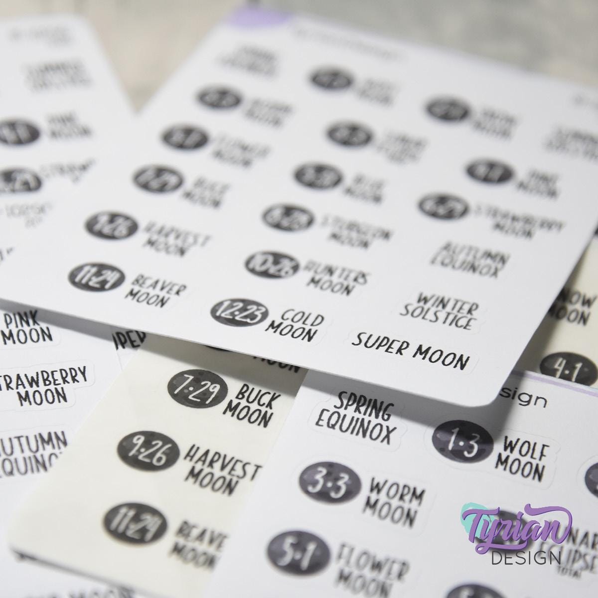 2026 Full Moons & Eclipses Icon Stickers | Full Moon and Eclipse Moons | 19 Stickers per sheet | 3.5 x 4.5" Sheet | White or Clear Matte