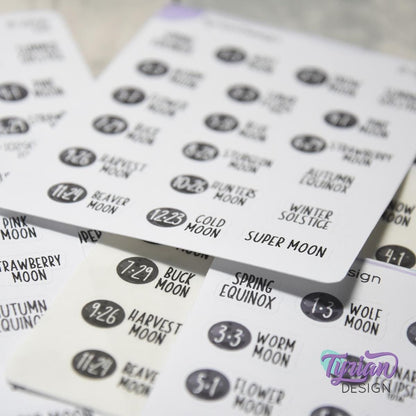 2026 Full Moons & Eclipses Icon Stickers | Full Moon and Eclipse Moons | 19 Stickers per sheet | 3.5 x 4.5" Sheet | White or Clear Matte