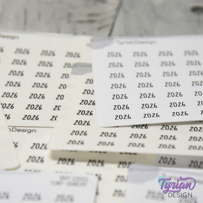 Tiny 2026 Stickers| 42 Stickers | .38 x .27" each | Font: Charley
