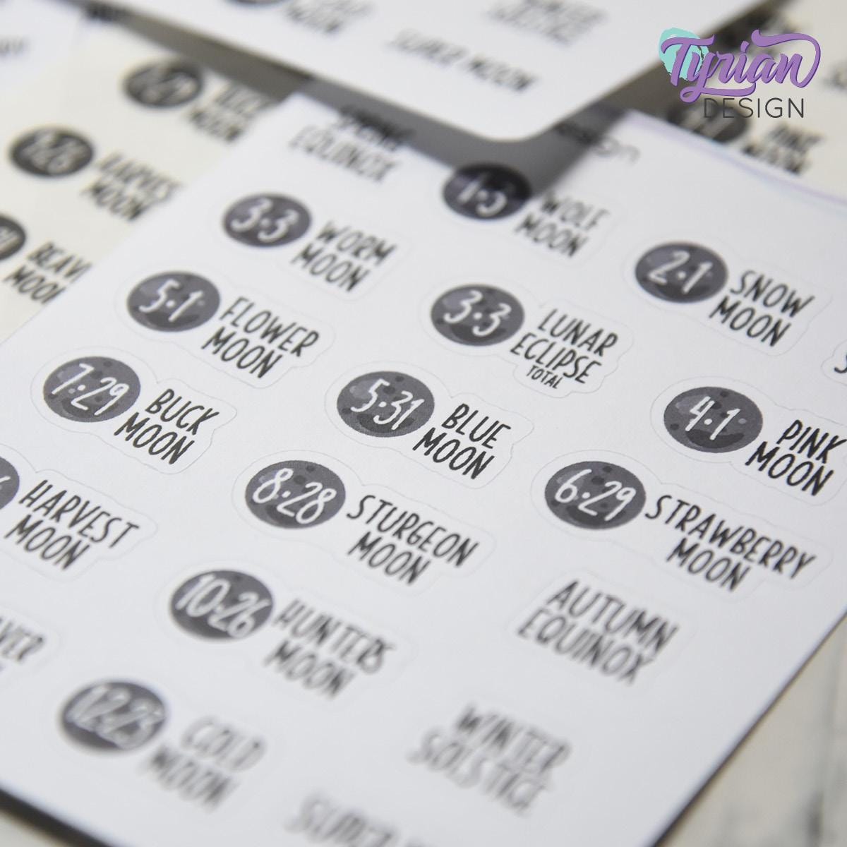 2026 Full Moons & Eclipses Icon Stickers | Full Moon and Eclipse Moons | 19 Stickers per sheet | 3.5 x 4.5" Sheet | White or Clear Matte