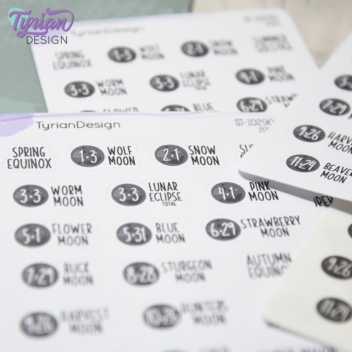2026 Full Moons & Eclipses Icon Stickers | Full Moon and Eclipse Moons | 19 Stickers per sheet | 3.5 x 4.5" Sheet | White or Clear Matte